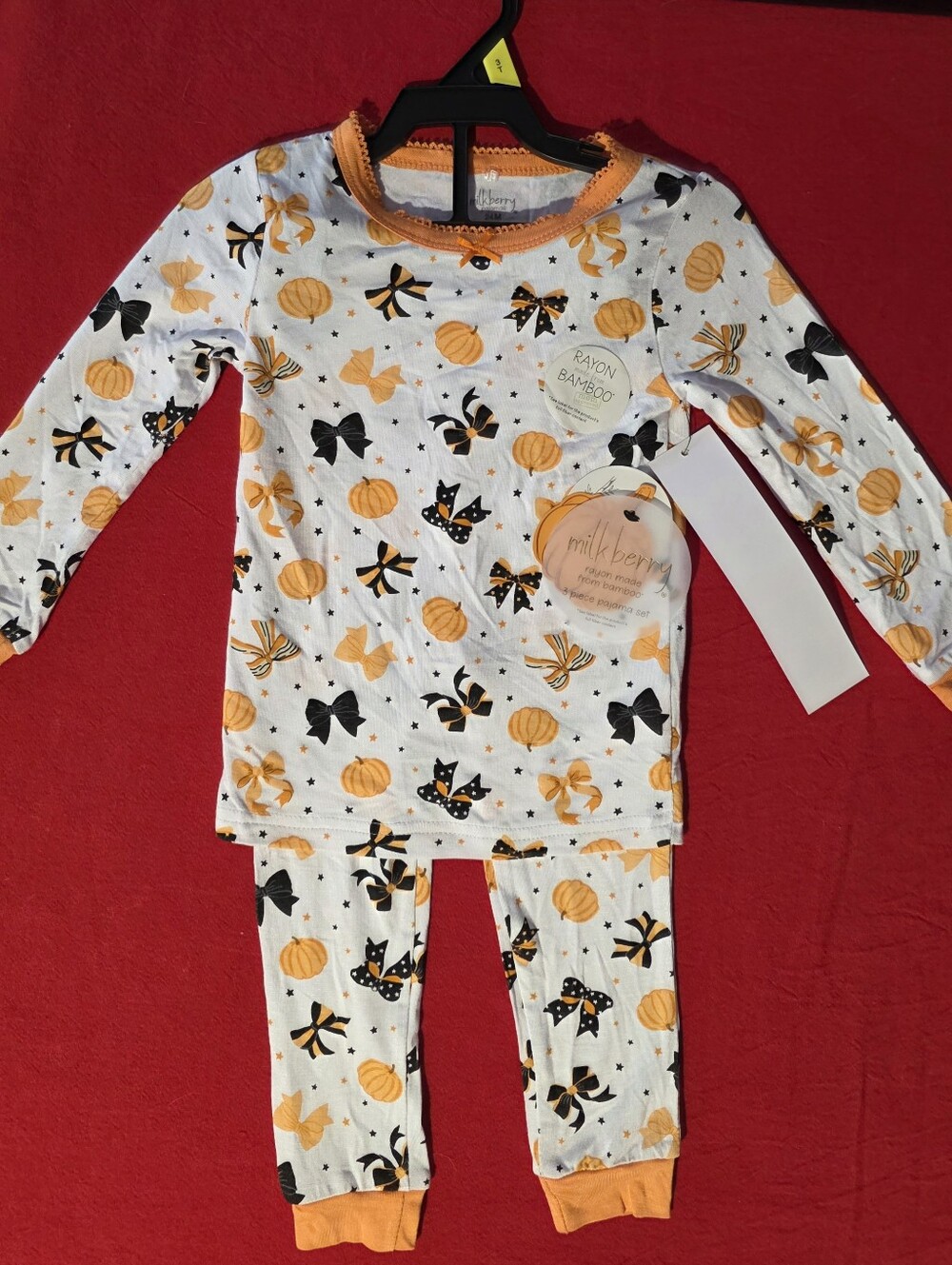 Bamboo Milkberry White, Orange & Black Pumpkin Bow Kids Pajama Set